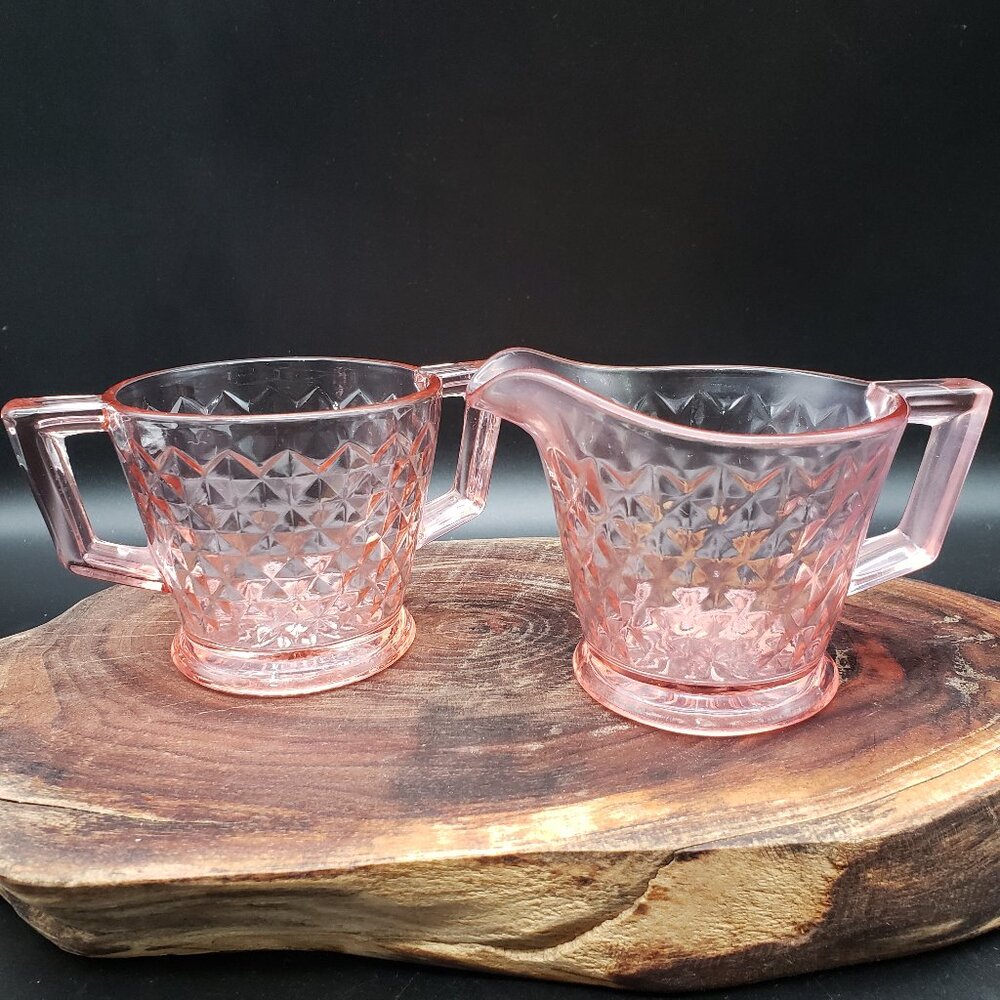 Imperial Glass Pink Diamond Quilted Creamer & Sugar Set Footed Vintage USA